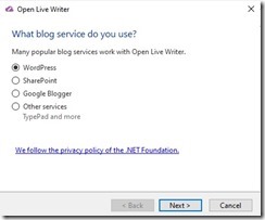 Open Live Writer which blog service